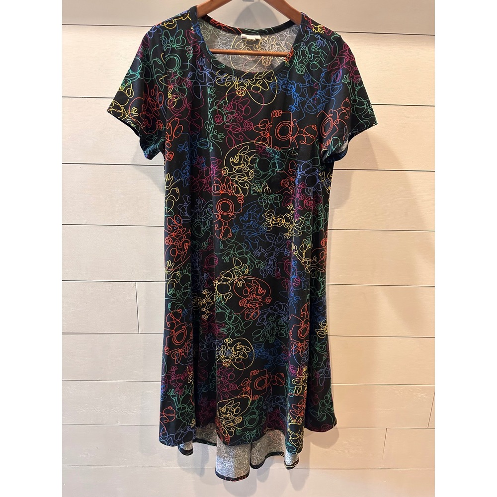 LuLaRoe Disney Carly Dress Womens Medium Mickey Mouse Neon Rainbow High Low